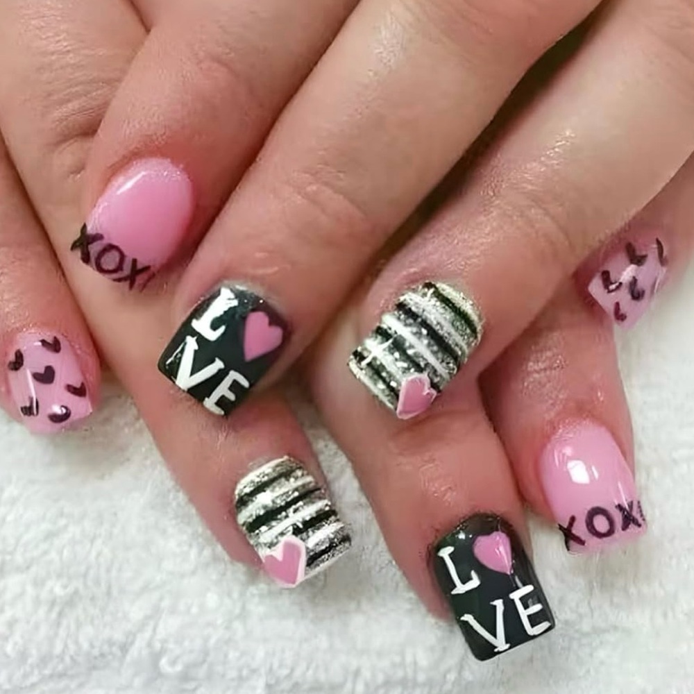 Short Squoval Pink and Black Heartfelt Design Acrylic Nail Set